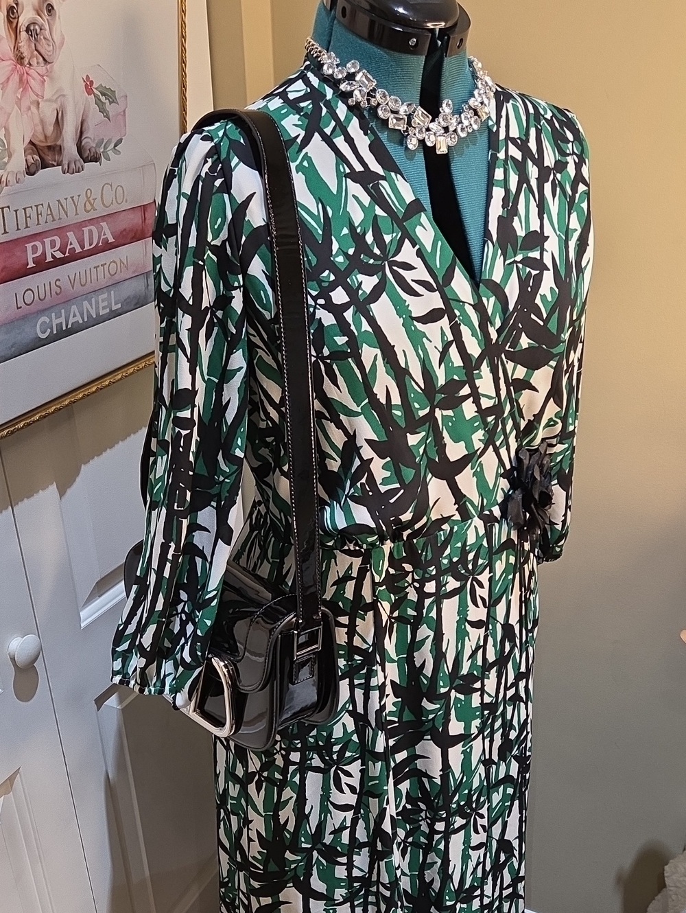 Nwot Large Eva Mendez Green & Black Abstract Wrap Dress - Picture 6 of 17